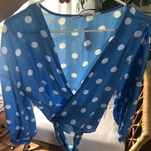 Blue and white polka dot wrap shirt